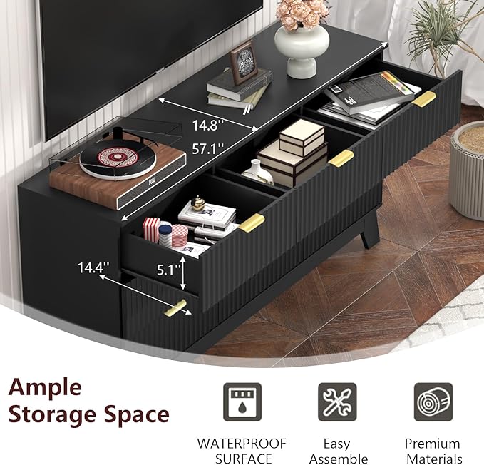 Fluted Black Dresser for Bedroom,9 Drawer Dresser for Closet,57" Wide Storage Cabinet and Chest of Drawers with Gold Handle,TV Stand,Storage Organizer for Living Room,Hallway,Entryway