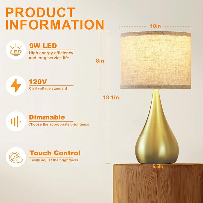 18.1'' Modern Touch Lamps for Nightstand Set of 2 with 3 Way Dimmable, Table Lamps for Living Room, Office, Bedside Lamps with Heavy Iron Base, Touch Switch, Bulb Included, Gold