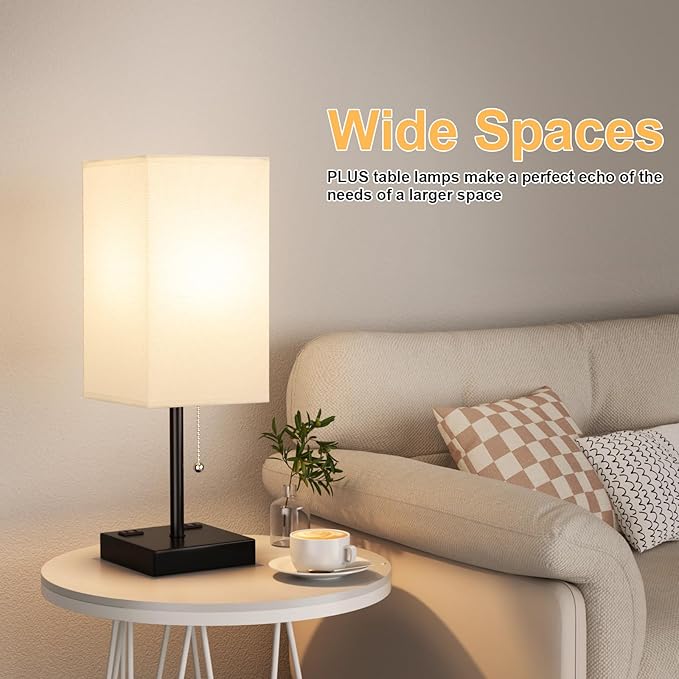 Plus Bedside Table Lamps Set of 2 - White Bedroom Lamps with 3 Colors, Square Nightstand Lamp with USB C + A Charging Ports and 2 AC Outlets, Pull Chain Night Light for End Table