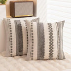 Boho Throw Pillow Covers 18x18 Set of 2 Farmhouse Decorative Cushion Case Striped Square Pillows Cover Chenille Pillow Cases Accent Neutral Pillowcase for Sofa Couch Bed,Gray