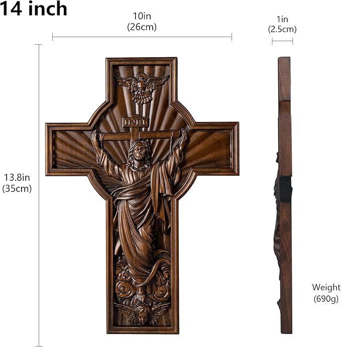 BGCOPPER Crucifix Wall Cross Handmade Wooden Cross for Wall with Hook, INRI Jesus Cross Wll Decor for Church Home Room Christmas Gifts