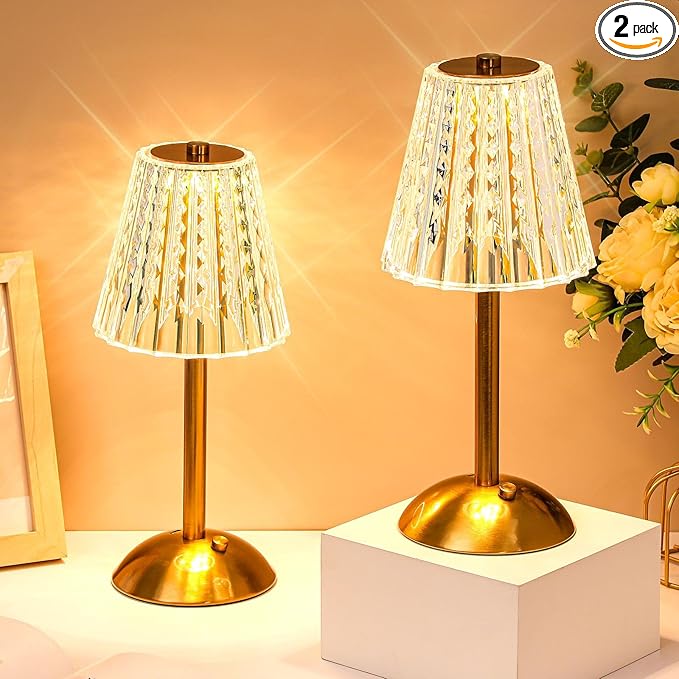 Liliful 2 Pcs LED Portable Cordless Table Lamp Touch Battery Operated Rechargeable Desk Lamp 3 Color Dimmable for Bedroom Living Room Dining (Classic Style,Gold)