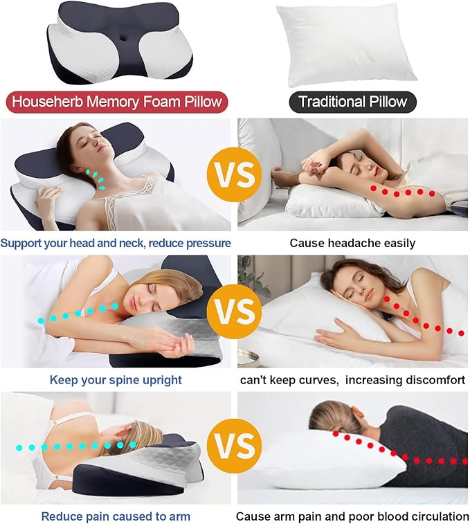 Bed Sleep Contour Memory Foam Pillow, Cervical Pillow for Neck and Shoulder, Ergonomic Neck Support Pillow for Side Back Stomach Sleepers with Pillowcase