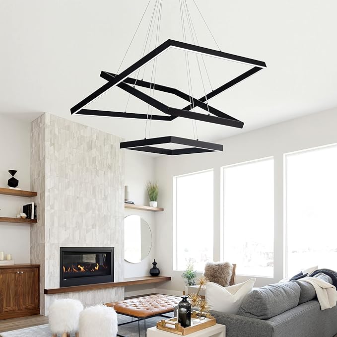 Led Chandelier 3 Rings Square Modern Led Pendant Lighting Dimmable Ceiling Pendant Light for Dining Room Living Room Kitchen Bedroom 15.7"+19.6"+31.4" Black