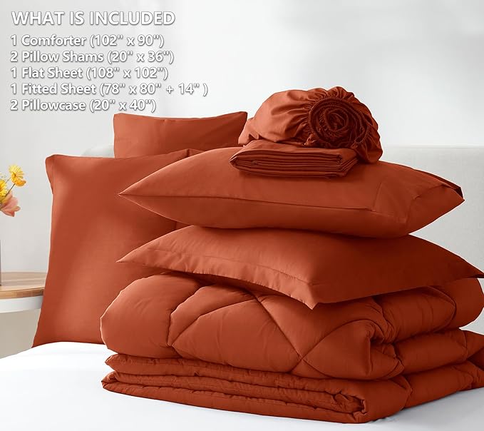CozyLux King Size Comforter Set Burnt Orange - 7 Pieces Bed in a Bag King, Luxury Soft Bed Set for All Seasons, Bedding Set with Down Alternative Comforter, Sheets, Pillowcases & Shams, Terracotta