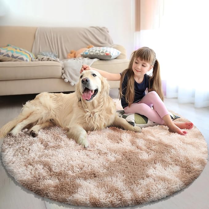 Tie-Dyed Beige Fluffy Round Rug,Soft Area Rugs for Girls Room,Shaggy Rugs 4'X4' for Living Room,Non Slip Circle Rug for Kids Bedroom,Shag Plush Nursery Carpets,Fuzzy Rug for Dorm,Room Decor Carpet