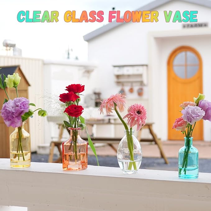 Color Bud Vases in Bulk - Set of 24 Mini Glass Bud Vases for Centerpieces, Colored Glass Vases, Colorful Bud Vase Set, Small Vases for Flowers, Modern Vase for Home, Wedding, Party Table Decor