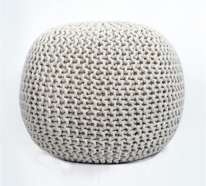 FRELISH DECOR Round Pouf Ottoman Hand Knitted 100% Cotton Pouf Foot Stool - Knitted Bean Bag - Floor Chair for Living Room Bedroom - Foot Rest for Couch (20 Diameter x 14 Height) - Natural