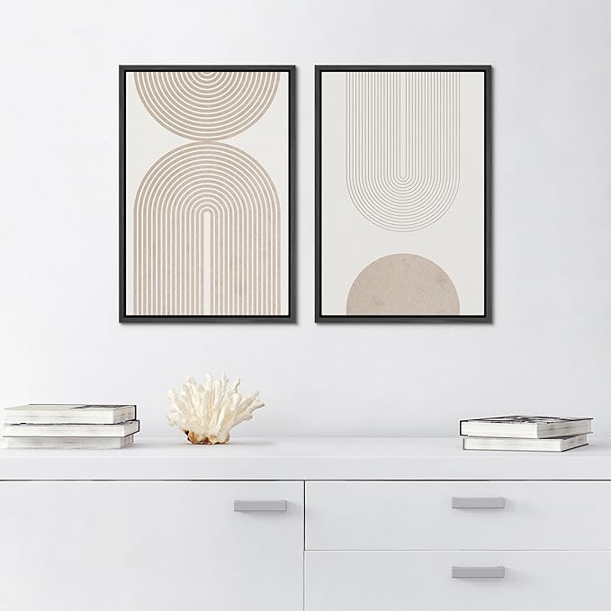 SIGNFORD Framed Canvas Print Wall Art Set Beige & White Duotone Geometric Spiral Polygons Abstract Shapes Illustrations Modern Art Decorative Minimalist Relax/Cozy for Bedroom - 24"x36"x2 Black