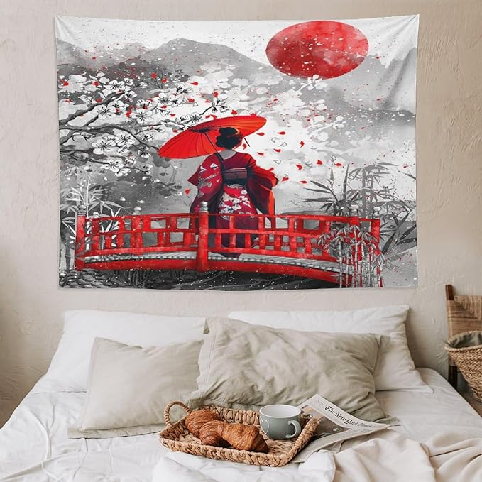 Japanese Red Geisha Tapestry Asian Cherry Blossom Red Sun Traditional Kimono Folk Tapestries Home Decor for Living Room Bedroom Apartment Farmhouse Dorm 80"x60"