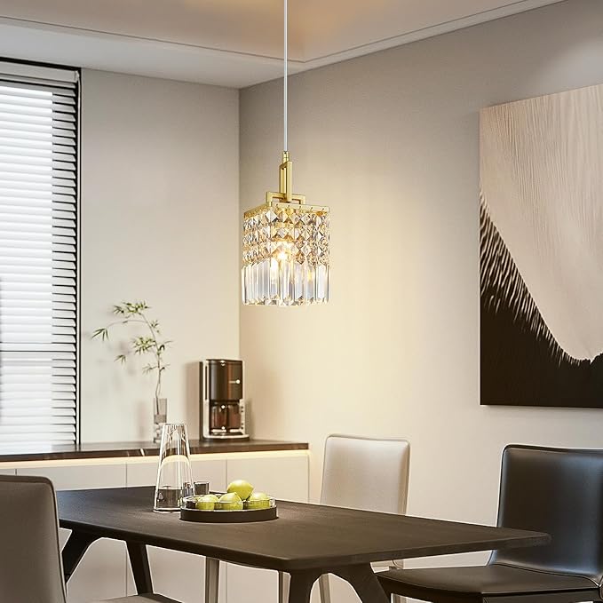 Modern Crystal Pendant Light Kitchen Island Farmhouse Lamp Adjustable Height Hanging Lighting Square Gold Chandelier Suitable for Kitchen Island Dining Room and Bedroom(1Pack)