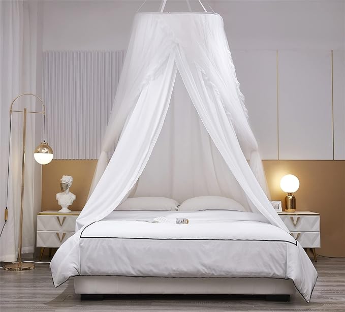 VETHIN Double Layer Princess Round Dome Canopy Bed Curtain for Girls Adults,Children Dreamy Mosquito Net,Cute Bedroom Decoration Castle Play Tent Reading Nook Canopies (Dome-White/White)