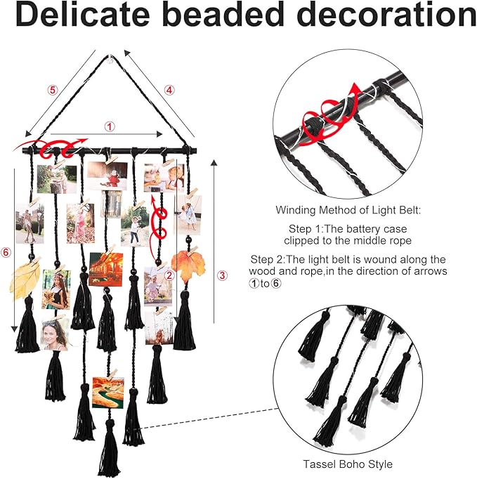 Homecor Hanging Photo Display Wall Decor, Black Macrame Hanging Boho Room Decor, Picture Frame Collage with Remote Light 30 Clips, Bedroom Apartment Home Decor, Christmas Mom Grandma Teen Girl Gifts