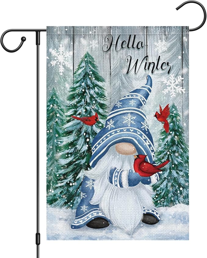 Hello Winter Gnome Garden Flag 12x18 Double Sided Burlap Cardinals Snowflakes Snow Yard Flags for Christmas Seasonal Outside Outdoor House Decoration (ONLY FLAG)