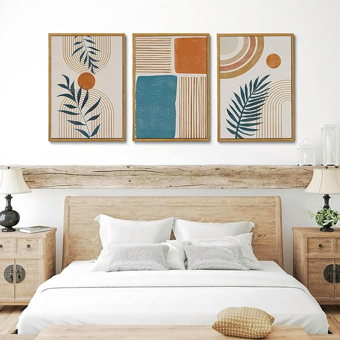 Bwodke Boho Wall Art, Framed Abstract Wall Art, botanical Neutral Canvas Wall Decor, Large Mid Century Plant Pictures Set of 3, Modern Minimalist Paintings ，for Bedroom Living Room Bathroom