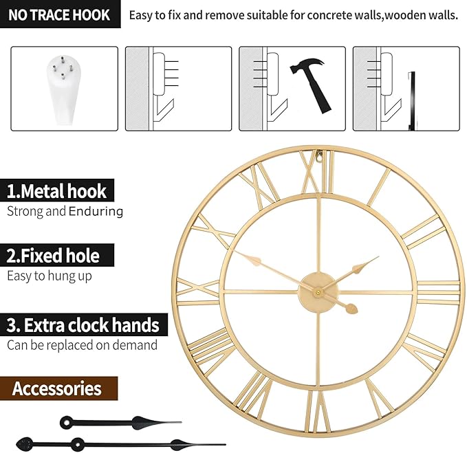 1st owned Large Wall Clock Silent Non-Ticking Roman Numerals Vintage Battery Operated (24 inch,18inch,16inch) Farmhouse Wall Clock for Living Room, Bedroom, Kitchen, Cafe Decor-Gold 47CM