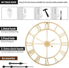 Vintage Retro Roman Numerals Metal Gold Large Wall Clock - 24 Inch Silent Non-Ticking Decorative, Battery Operated for Farmhouse, Kitchen, Bedroom