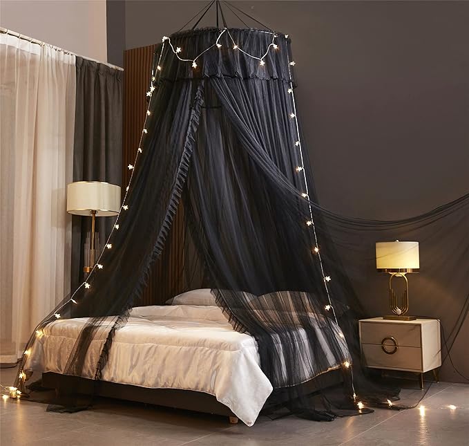 VETHIN Princess Bed Canopy for Girls,Bed Canopy Curtain- Double Layer Sheer Mesh Dome Bed Curtain- Round Lace Princess Mosquito Net Tent (Double Black-2)