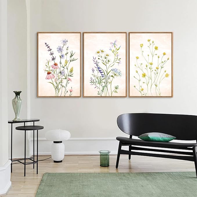 SIGNINART Watercolor Wildflower Framed Canvas Wall Art Set of 3, Boho Botanical Spring Floral Wall Decor, Colorful Minimalist Plant Art Prints for Farmhouse Living Room, Bedroom, Office, Bathroom 16"x24"