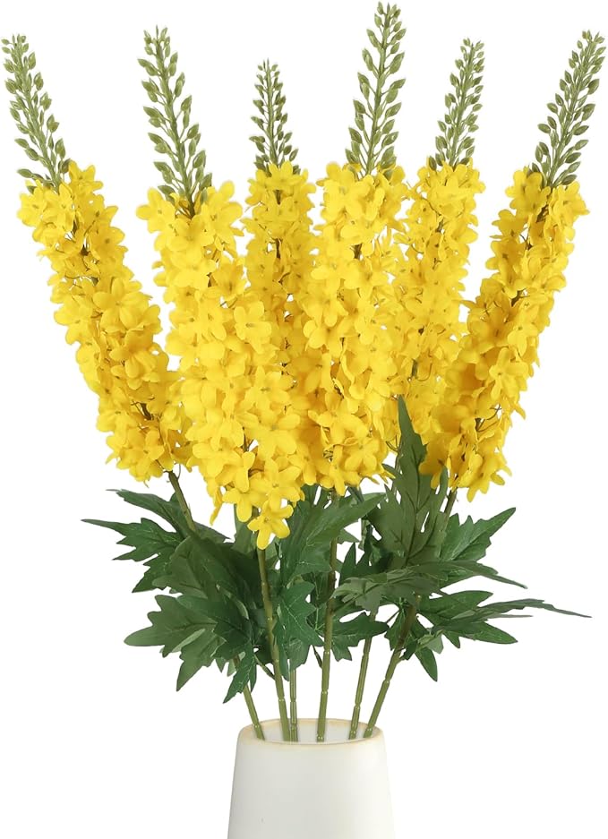 Delphinium Artificial Flowers,6PCS Yellow Faux Flowers 29.5" Realistic Fake Larkspur Silk Flowers with Stems for Tall Vase Wedding Home Garden Decor (Yellow)