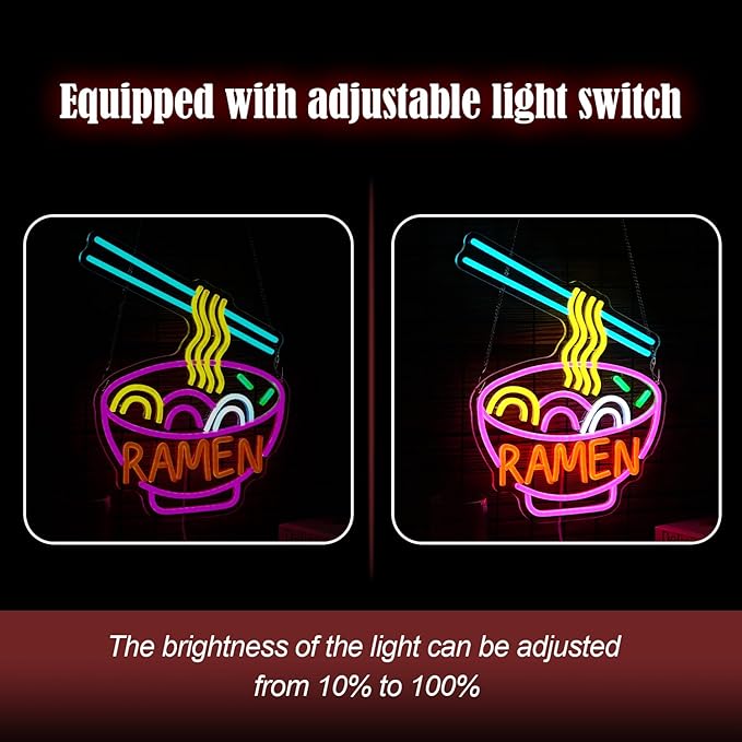 Ramen Neon Sign Dimmable LED Ramen Neon Light for Wall Decor Delicious Noodle Light Up Sign for Ramen Shop Resturant Dinning Room Kitchen (12"*15.5"USB)