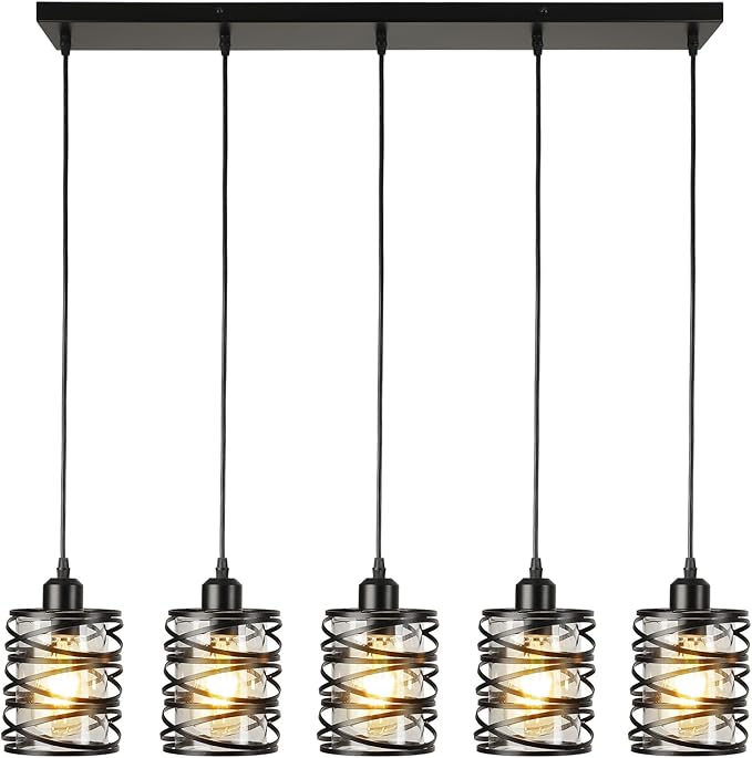 Black Pendant Lights for Kitchen Island Farmhouse Chandeliers for Dining Room, 5-Light Pendant Light Hanging Linear Chandeliers Kitchen Island Lighting with Clear Glass Shades