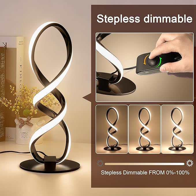 Modern Table Lamp - Stepless Dimmable LED Spiral Lamp, Black, 12W, 3200K, Warm White, Contemporary, for Bedroom, Living Room