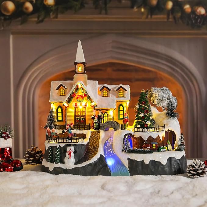 Christmas Village House Musical Christmas Collectible Buildings Church Train Snowman Children Skating with LED Lights Vacation Village with USB Indoor Figurines Indoor Tabletop Decoration