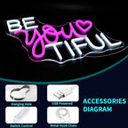 Be You Tiful Neon Sign, JGHTURIE Pink Led Neon Signs for Wall Decor Light Up Sign Preppy Girls Room Salon Party Gift Decor USB Powered