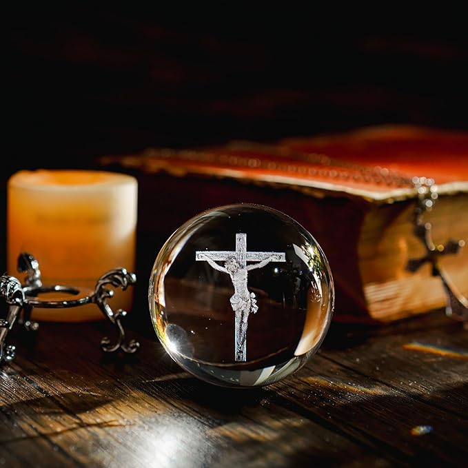 60mm 3D Glass Laser Etched Cross Jesus Crystal Ball with Stand Jesus Crucifixion Scene Figurine Crystal Cross Jesus Easter Decoration for Christianity Catholic