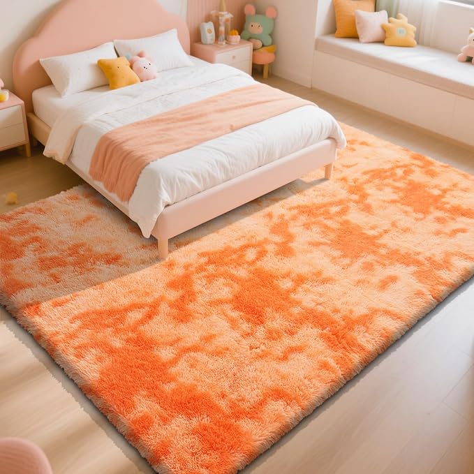 Mottling Orange Fluffy Rug Shaggy Area Rug, 8x10 Area Rugs for Girls Bedroom, Big Soft Shaggy Bedside Non-Slip Plush Dorm Nursery Kids Carpet Home Decor Aesthetic