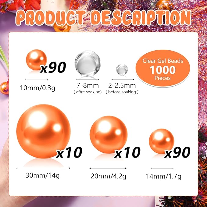 200PCS Orange Faux Pearls Beads for Centerpiece Vases, Vase Filler Faux Pearls, No Holes Filler Beads for Party Anniversary Birthday Wedding Table Decor, 10/14/20/30mm