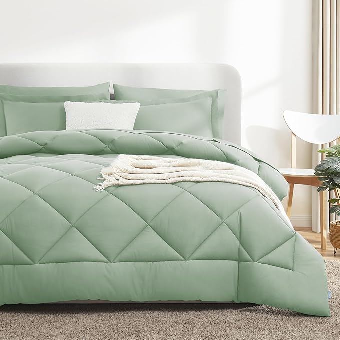 CozyLux Queen Comforter Set Sage Green - Bed in a Bag Queen Size 7 Pieces, Luxury Soft Bed Set for All Seasons, Bedding Set with Down Alternative Comforter, Sheets, Pillowcases & Shams