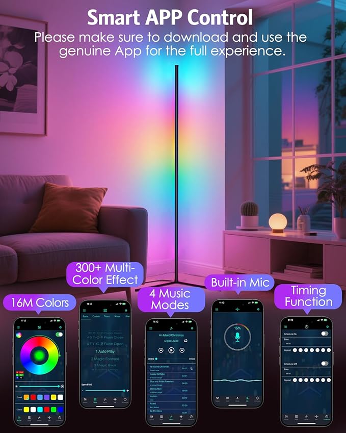 Upgraded Floor Lamp, 64.5''RGB LED Corner Lamp with App & Remote Control, 16 Million Colors & 300+ Scene, Standing Lamp with Music Sync for Living Room, Gaming Room，Bedroom