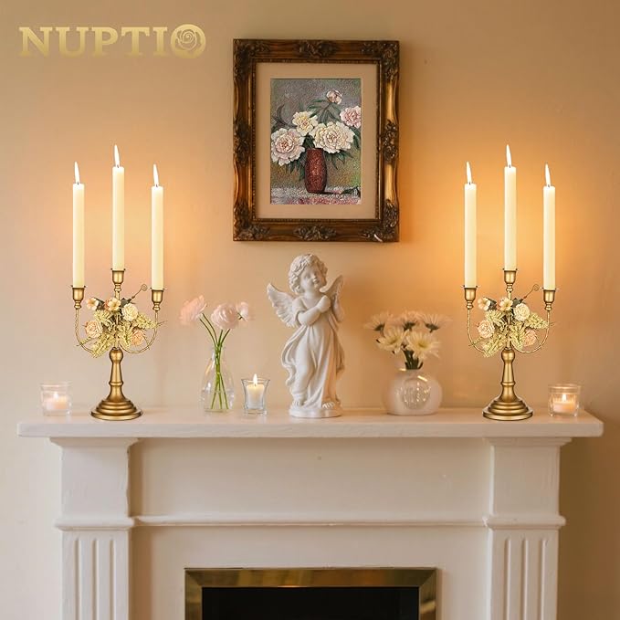 NUPTIO Candlestick Holders Candelabras Gold Candle Stick Stands 2 Pcs Metal Candelabra Centerpieces Candlestick Holders for Tapered Candles Wedding Birthday Party Dining Table Christmas Decoration 11"