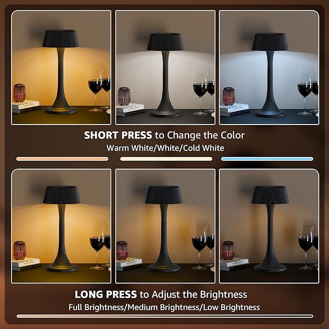 uuffoo Rechargeable Table Lamp, Outdoor Table lamp Cordless with Stepless Dimming & 3 Color Temperatures, Battery Operated Night Light for Patio, Bar, Restaurant, Home, Bedroom, Dining (Black)