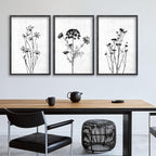 Flower Plant Wall Art Decor 16"x11" Set of 3 Black And White Botanical Painting Wood Framed For Minimalist Bedroom Office Rustic Living Room Abstract Wildflower Sign Hanging (Black)