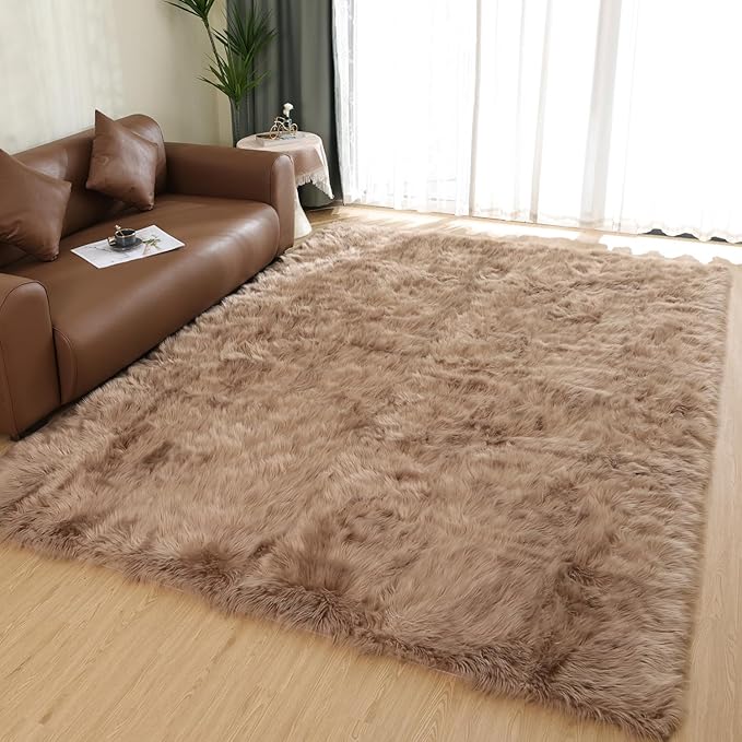 Latepis Camel Living Room Rugs Faux Sheepskin Fur 6x9 Area Rugs for Bedroom Fluffy Washable Large Rug for Floor Rug Home Decor Beige Rectangle