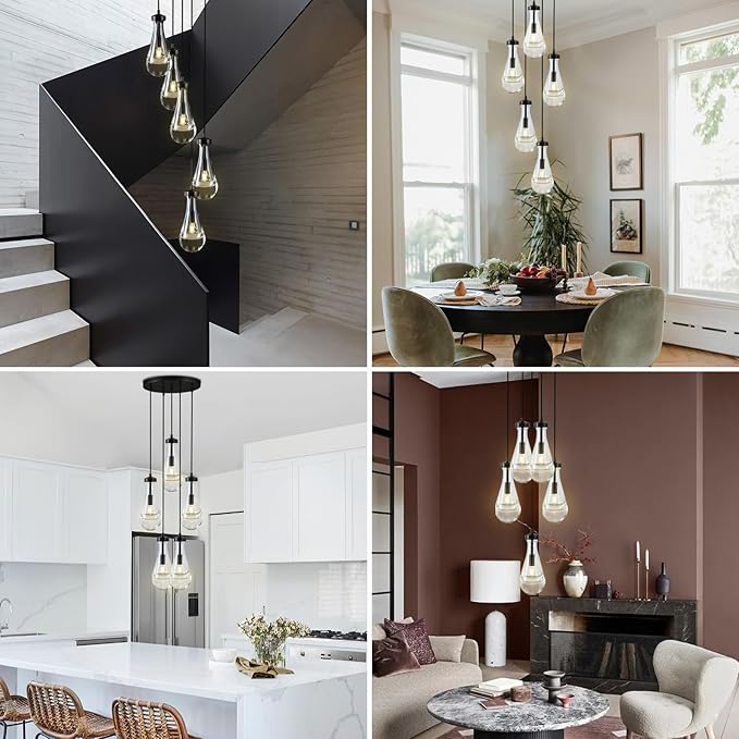 Raindrop 5 Light Cluster Pendant Lights, Black High Ceiling Chandeliers Adjustable, Living Room Pendant Light, Foyer Chandeliers, Stairwell Pendant Lighting, Bedroom Chandelier,E12 including bulb