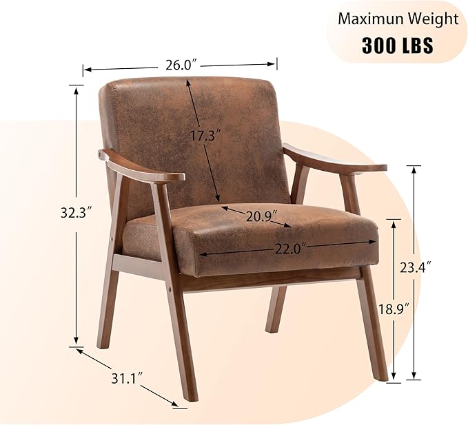 Furnimart Accent Chairs Set of 2, Mid-Century Modern Chair Reading Chairs with Extra-Thick Backrest, Wooden Armchairs for Living Room, Bedroom, Waiting Room, Brown Fabric