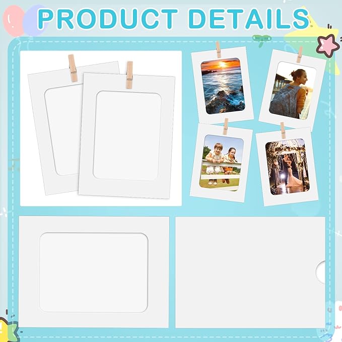 Janlaugh 100 Pcs Paper Photo Frames 4x6 White Paper Picture Frame with 100 Clip 10 String Kit DIY Hanging Cardboard Photo Holder Back to School Wall Decor Wedding Home