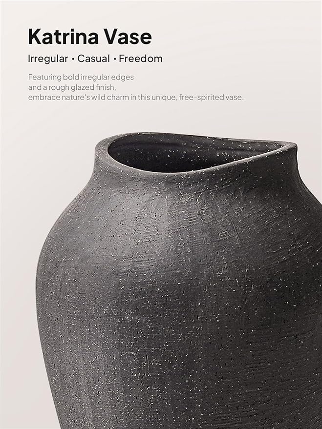 Black Ceramic Vase - Large 11.8 Inch Tall Floor Vase for Centerpieces, Farmhouse Rustic Minimalist Home Decor for Living Room, Enterway, Wedding (Sandstone Black)