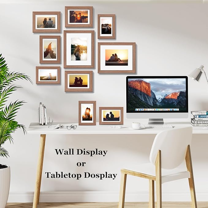 Picture Frame Set 10 Pack, Picture Frames Collage Wall Decor with Mat for Multiple Sizes Photos, Two 8x10, Four 5x7, Four 4x6, Photo Frames for Wall and Tabletop, Rusic Brown