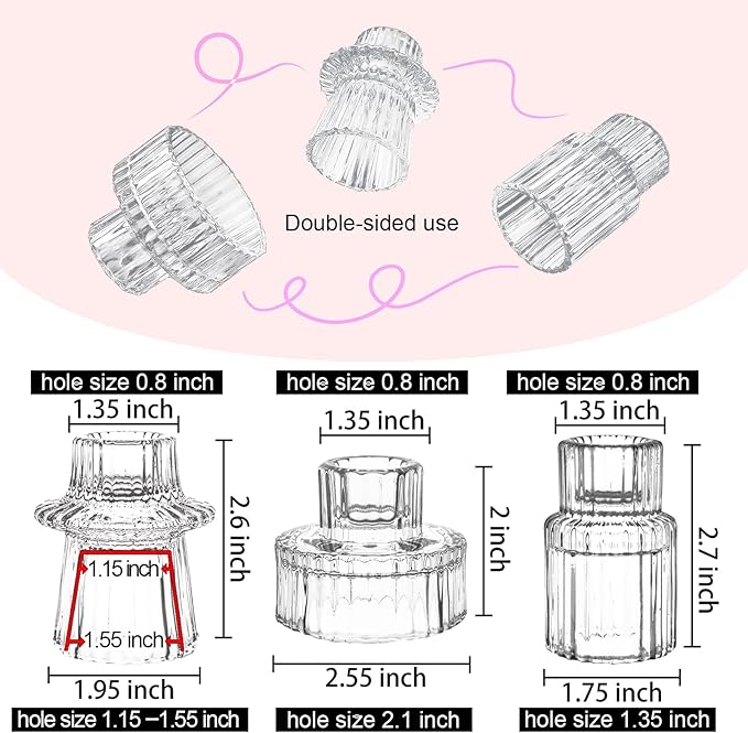 Double Sided Vintage Ribbed Taper Glass Candle Holders,Tea Candle Holder for Table Centerpieces, Wedding Decorations and Dinner Parties (Clear, 6 PCS)