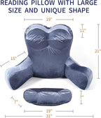 Reading Pillow 31”Wx21”H Back Pillow for Bed Sitting Up, Bed Pillow with Shredded Memory Foam with Arm Backrest, Back Support Pillow with Leg Pillow and Pocket for Reading/Gaming/Relaxing