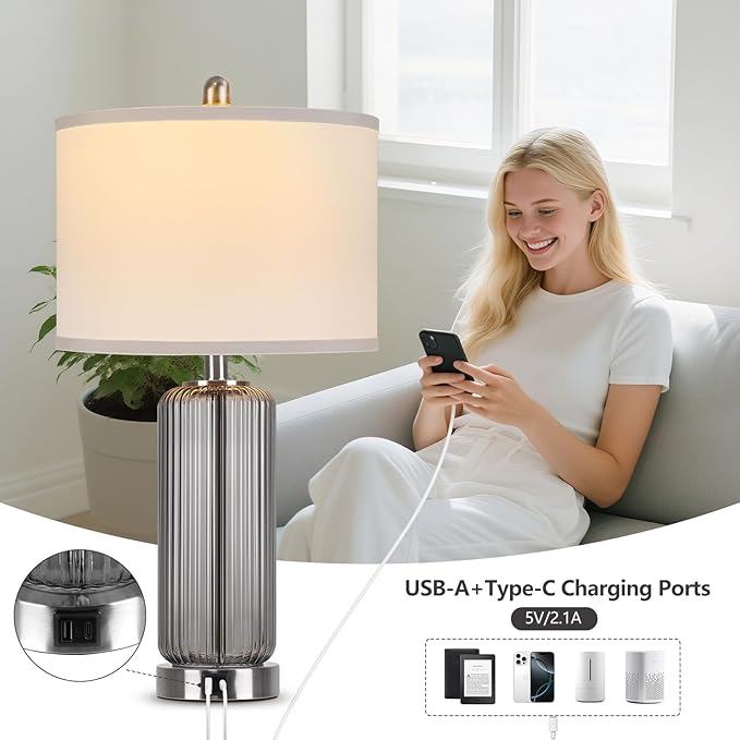 Table Lamps Set of 2 with Touch Control, 3-Way Dimmable Nightstand Lamp with Vertical Grained Glass, Grey Bedside Table Lamps, 27" Modern Glass Bedside Lamps with USB A+C Ports, Desk Lamp for Bedroom