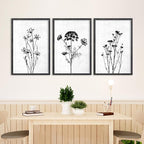 Flower Plant Wall Art Decor 24"x16" Set of 3 Black And White Botanical Painting Wood Framed For Minimalist Bedroom Office Rustic Living Room Abstract Wildflower Sign Hanging (Black)