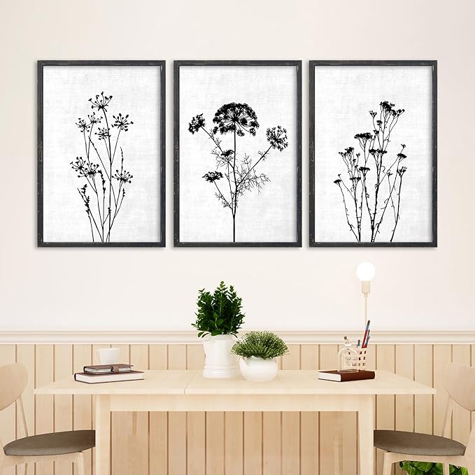 Flower Plant Wall Art Decor 16"x11" Set of 3 Black And White Botanical Painting Wood Framed For Minimalist Bedroom Office Rustic Living Room Abstract Wildflower Sign Hanging (Black)