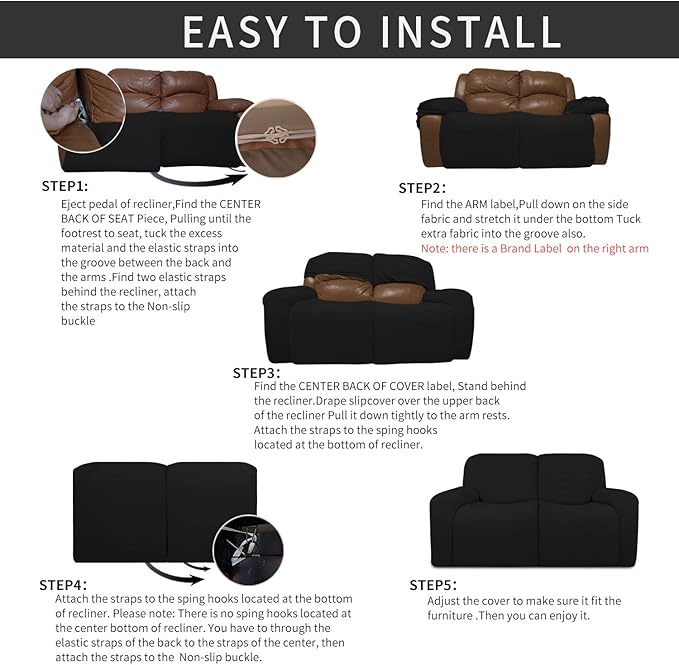 Easy-Going 6 Pieces Recliner Loveseat Stretch Sofa Slipcover Sofa Cover Furniture Protector Couch Soft with Elastic Bottom Kids, Spandex Jacquard Fabric Small Checks Black