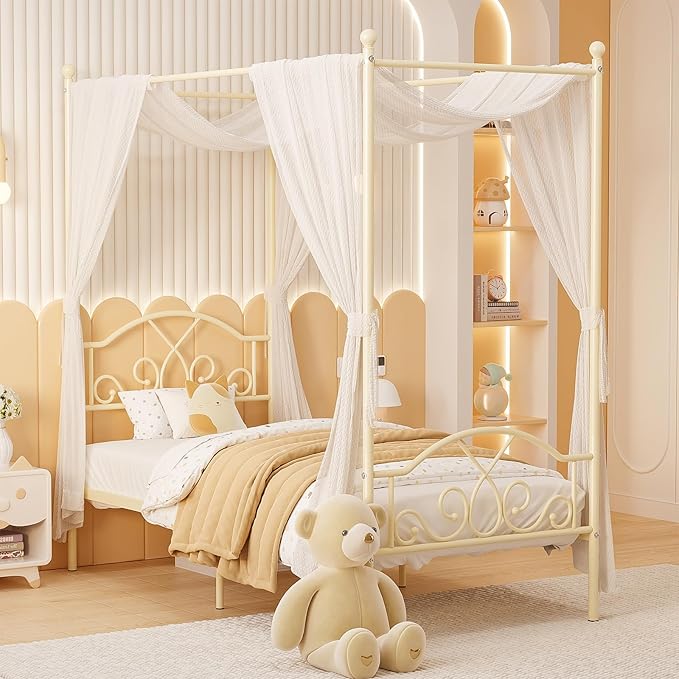 Weehom Princess Canopy Bed Frame with 4 Posters, Sturdy Metal Platform with Headboard&Footboard No Box Spring Needed Twin Size Bed for Kids Girls Adults,Beige White